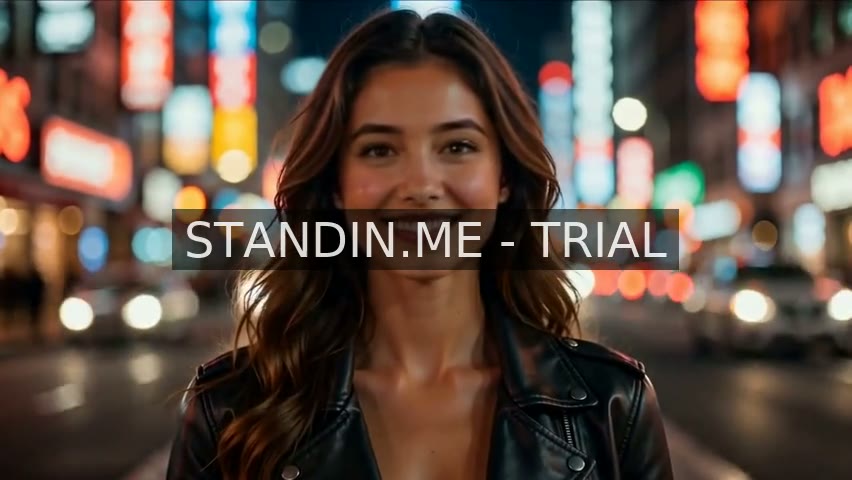 A real Standin render: a person's face swapped into a cinematic action-hero scene on a neon city street